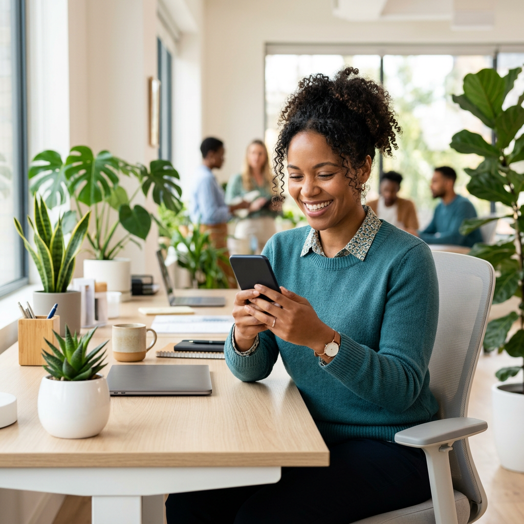 Employee approving health claim on smartphone at modern office