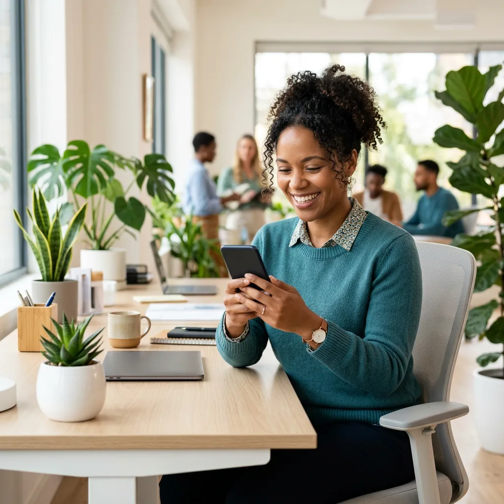 Employee approving health claim on smartphone at modern office